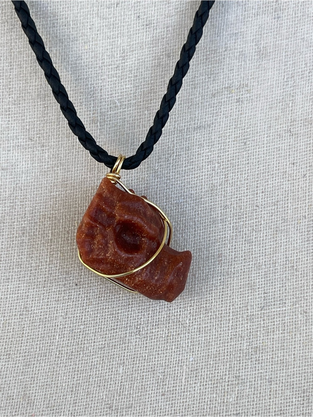 Sunstone Dragon Head Necklace on Black Braided Cord Gold Tone Hardware Handmade